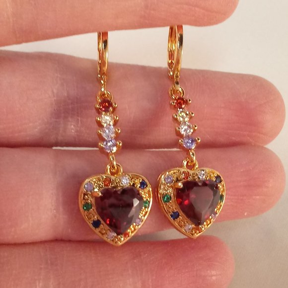 18K Yellow Gold Filled Luxury Garnet Red Heart Diamond Zircon Dangle Earrings - Picture 2 of 8
